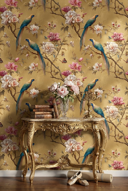 Gold Look Magnolia Bird Garden Wallpaper