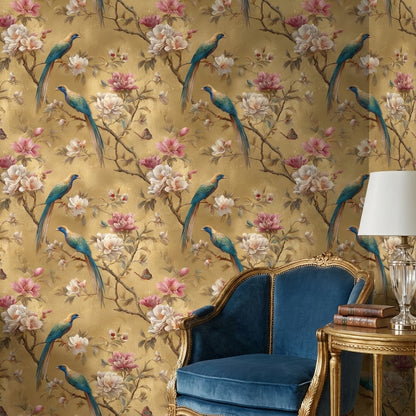 Gold Look Magnolia Bird Garden Wallpaper