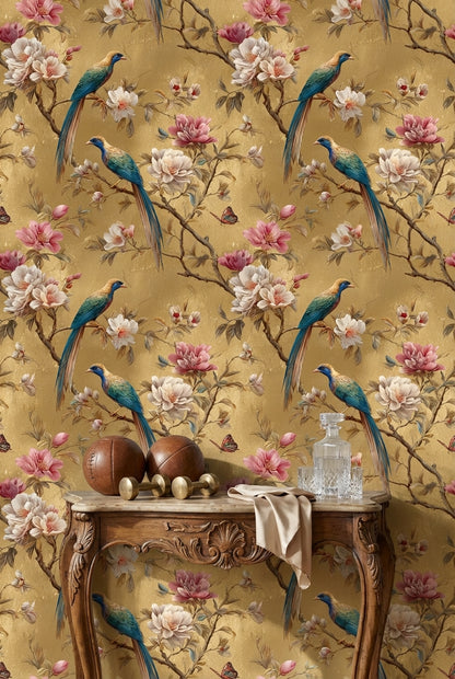 Gold Look Magnolia Bird Garden Wallpaper