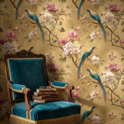 Gold Look Magnolia Bird Garden Wallpaper