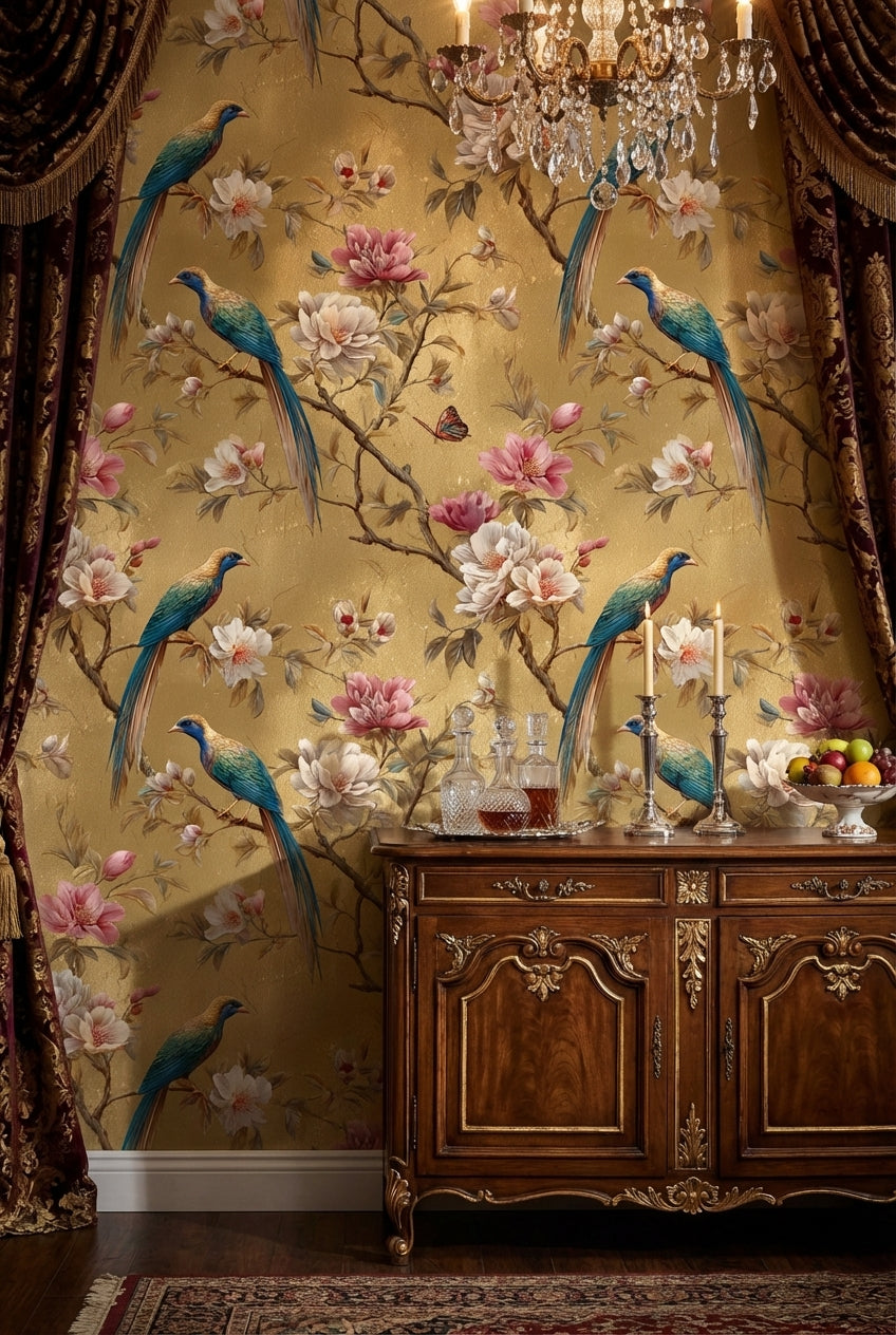Gold Look Magnolia Bird Garden Wallpaper