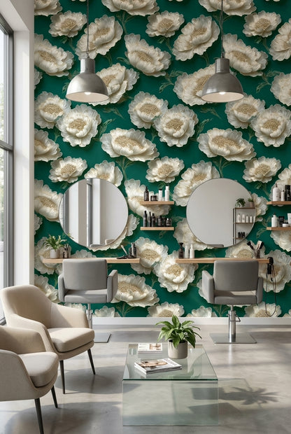 Emerald Green with Ivory Peony Floral Wallpaper