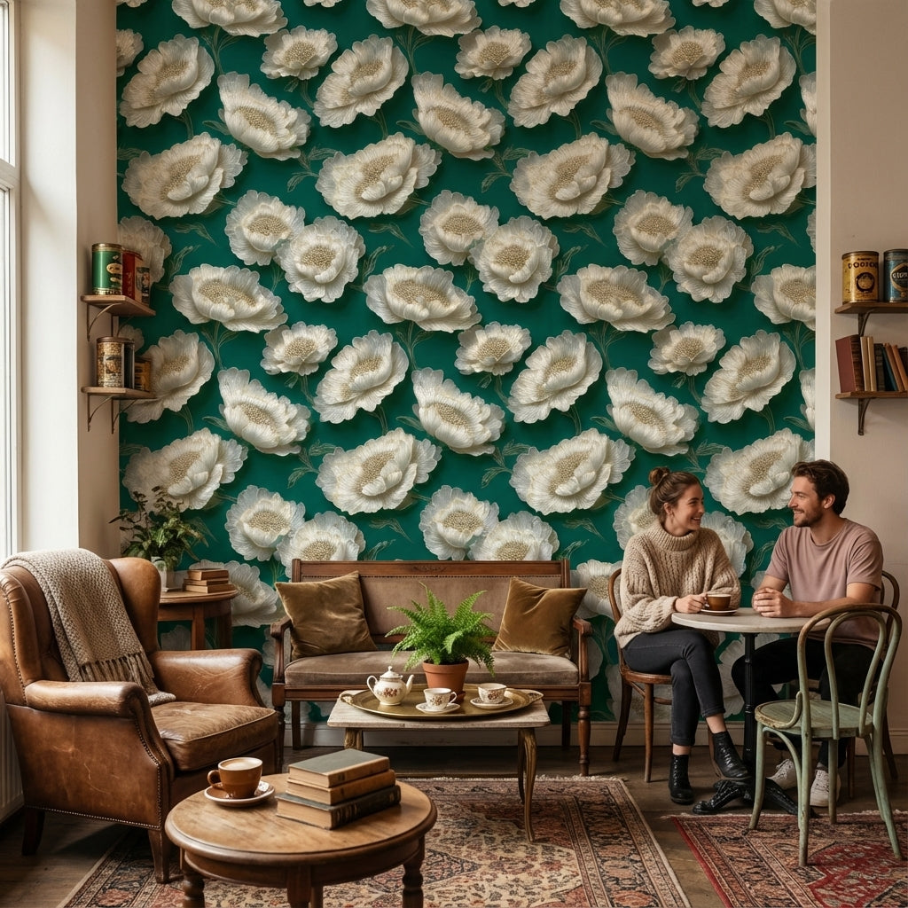 Emerald Green with Ivory Peony Floral Wallpaper