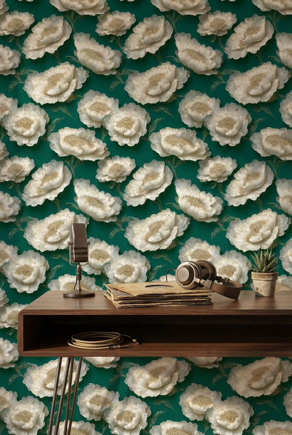 Emerald Green with Ivory Peony Floral Wallpaper