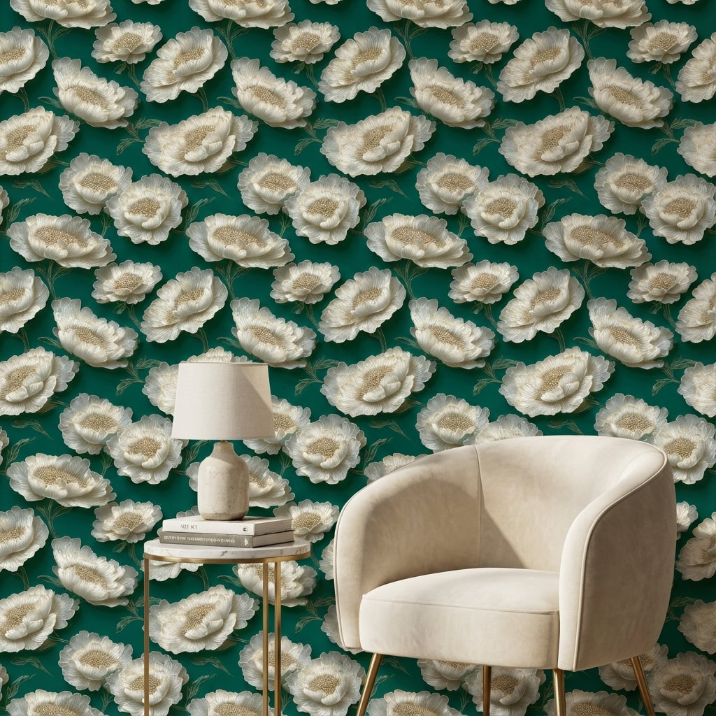 Emerald Green with Ivory Peony Floral Wallpaper