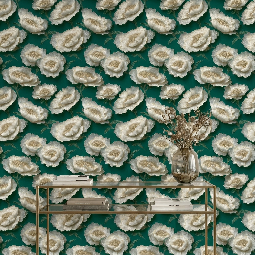Emerald Green with Ivory Peony Floral Wallpaper