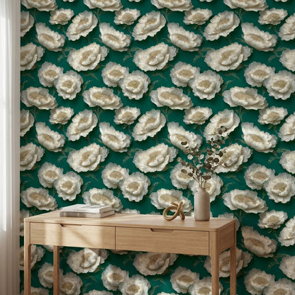 Emerald Green with Ivory Peony Floral Wallpaper