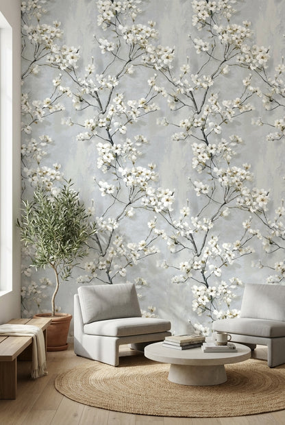 Soft Gray Cherry Blossom Floral Wallpaper