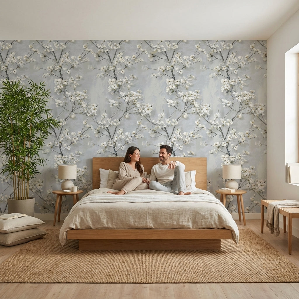 Soft Gray Cherry Blossom Floral Wallpaper