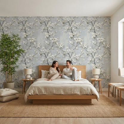 Soft Gray Cherry Blossom Floral Wallpaper