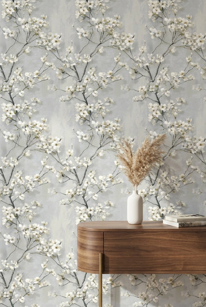 Soft Gray Cherry Blossom Floral Wallpaper