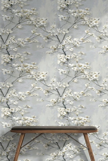 Soft Gray Cherry Blossom Floral Wallpaper