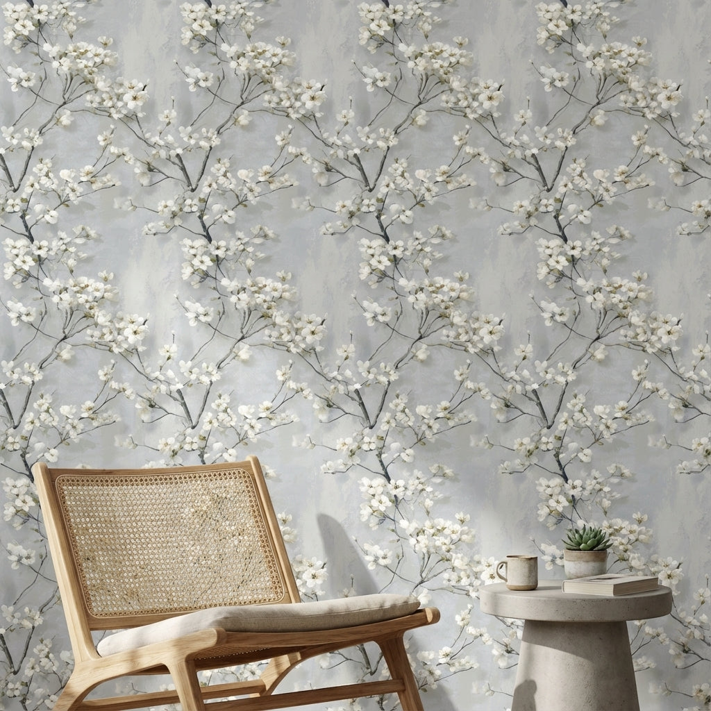 Soft Gray Cherry Blossom Floral Wallpaper