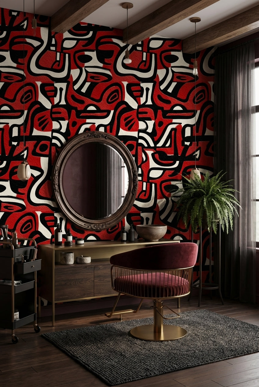 Bold Red and Black Abstract Pattern Wallpaper