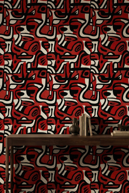 Bold Red and Black Abstract Pattern Wallpaper