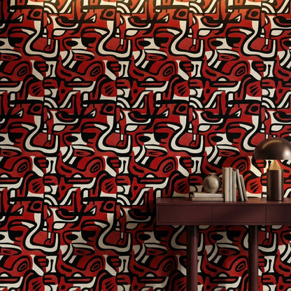 Bold Red and Black Abstract Pattern Wallpaper