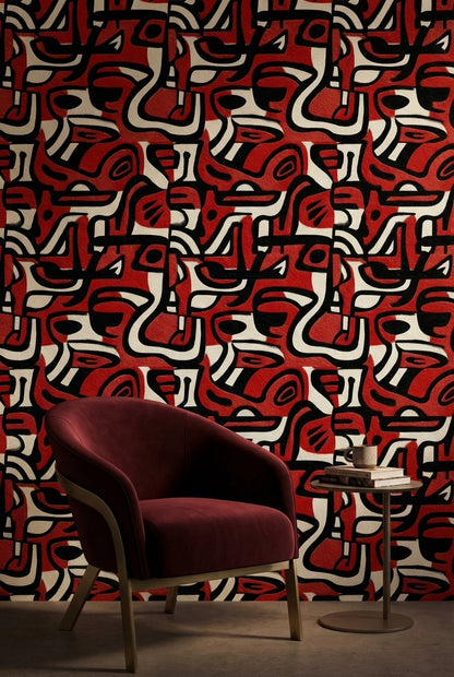 Bold Red and Black Abstract Pattern Wallpaper