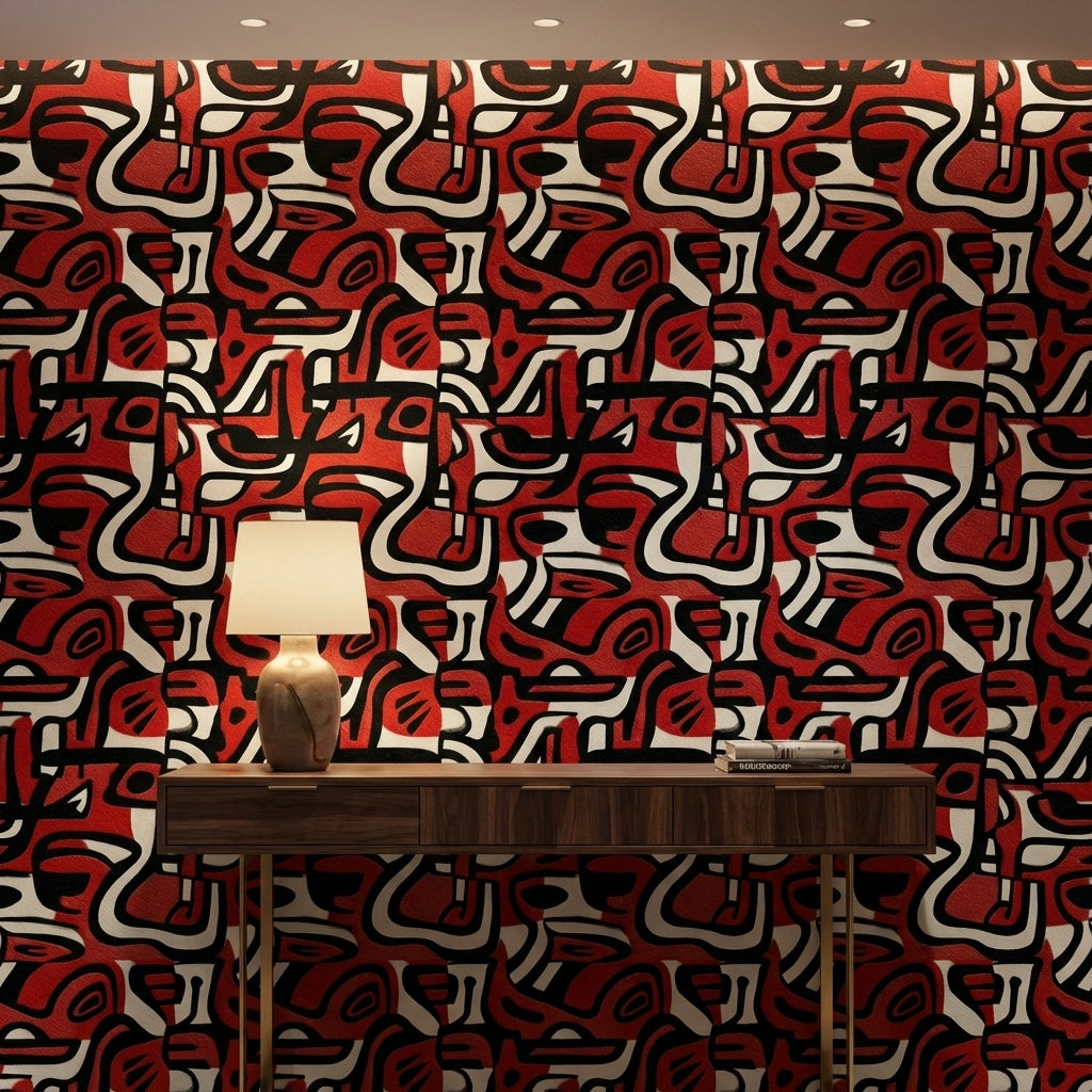 Bold Red and Black Abstract Pattern Wallpaper