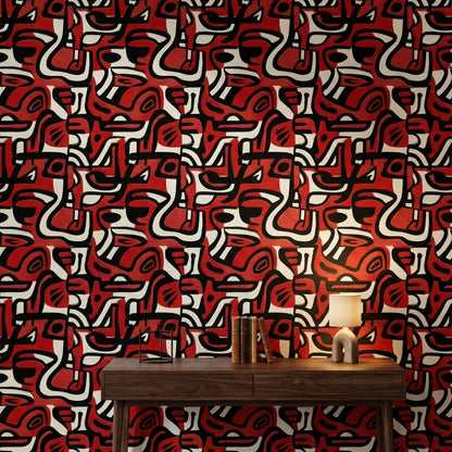 Bold Red and Black Abstract Pattern Wallpaper
