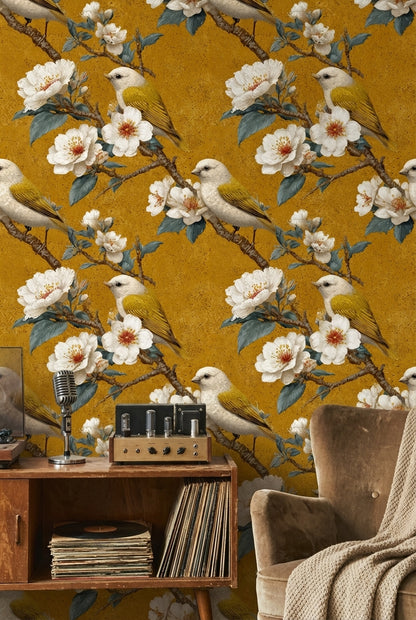 Golden Look Vintage Bird and Cherry Blossom Wallpaper