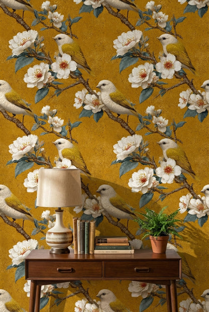 Golden Look Vintage Bird and Cherry Blossom Wallpaper