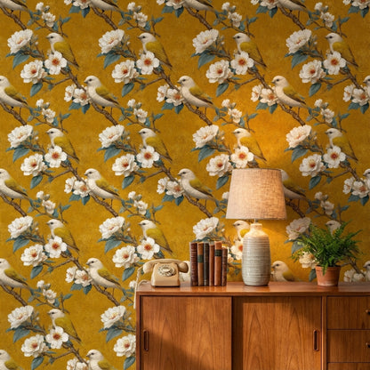 Golden Look Vintage Bird and Cherry Blossom Wallpaper