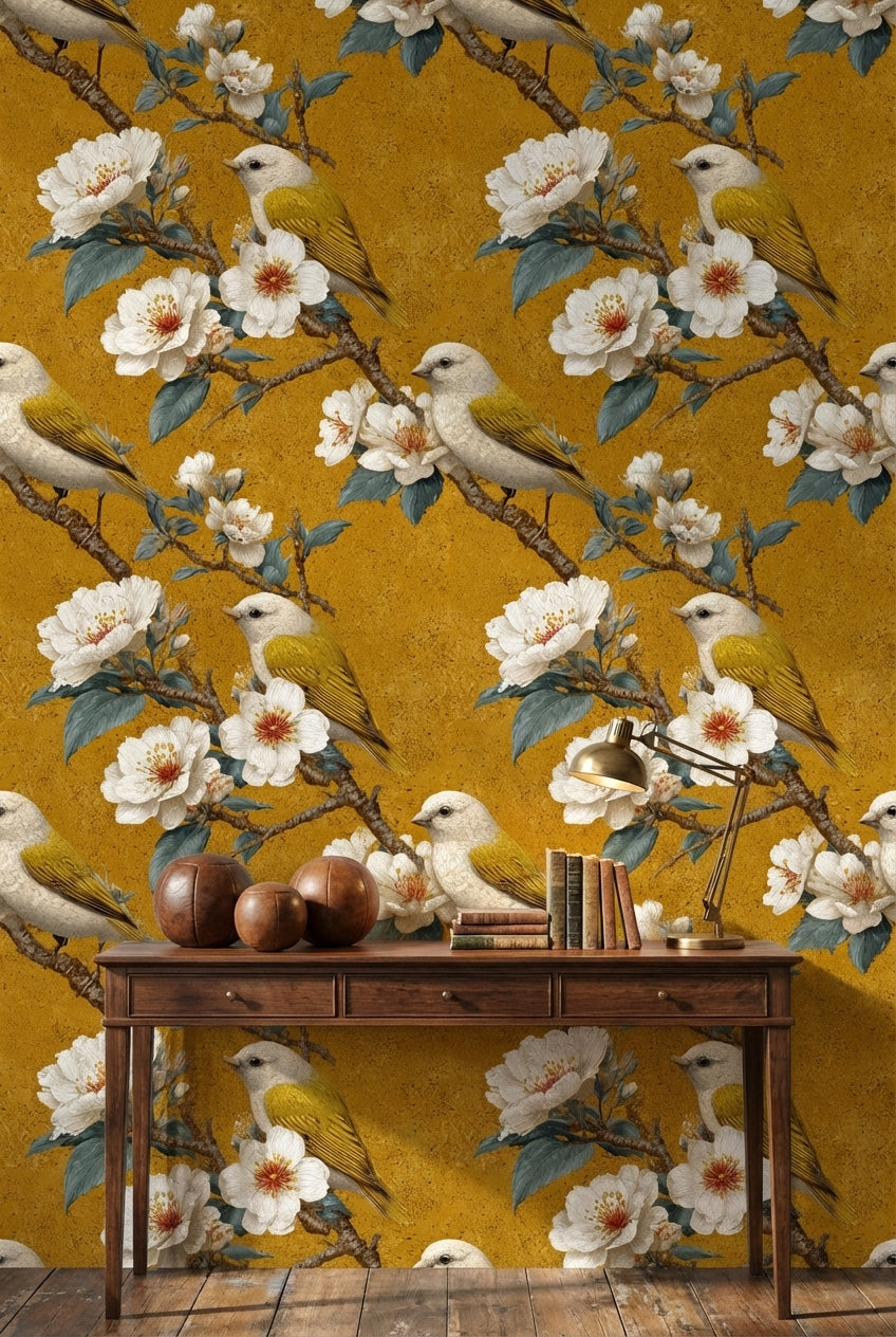 Golden Look Vintage Bird and Cherry Blossom Wallpaper