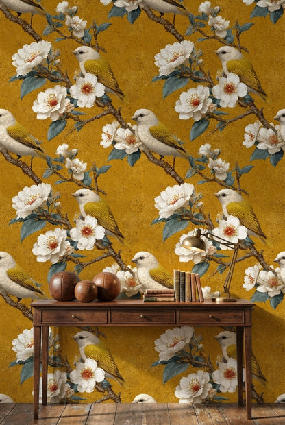Golden Look Vintage Bird and Cherry Blossom Wallpaper