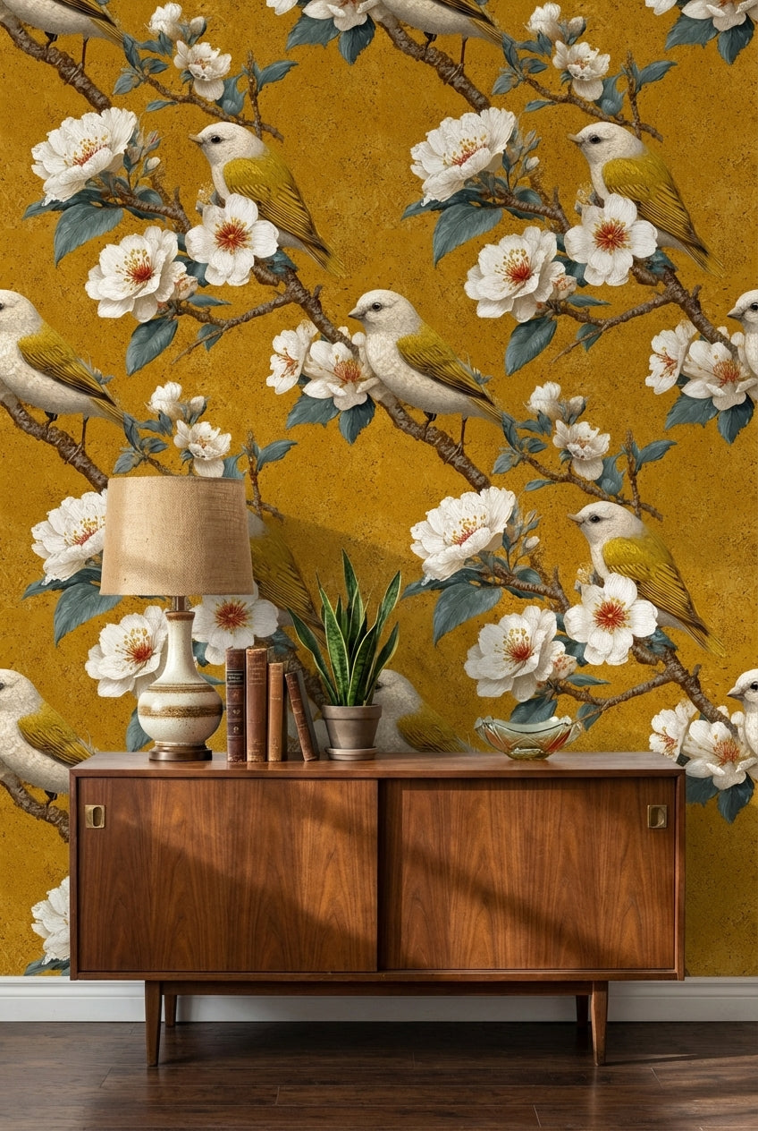 Golden Look Vintage Bird and Cherry Blossom Wallpaper