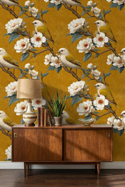 Golden Look Vintage Bird and Cherry Blossom Wallpaper