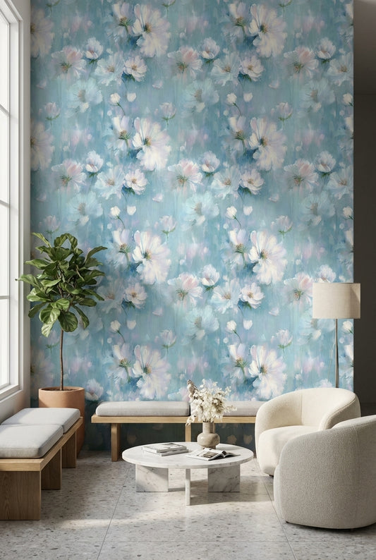 Sky Blue and White Soft Blossom Floral Wallpaper