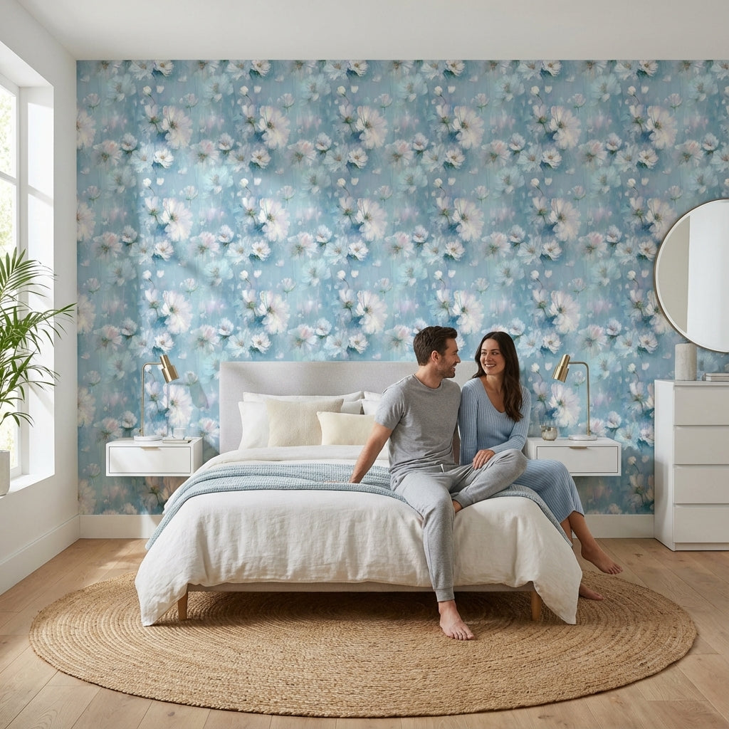 Sky Blue and White Soft Blossom Floral Wallpaper