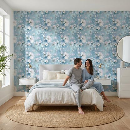 Sky Blue and White Soft Blossom Floral Wallpaper