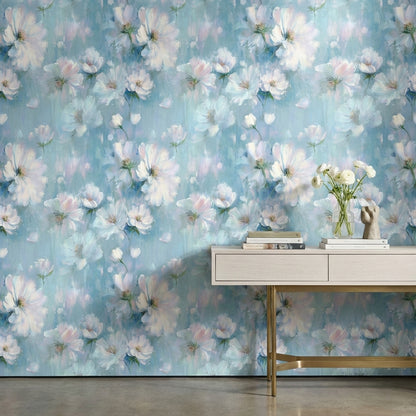 Sky Blue and White Soft Blossom Floral Wallpaper