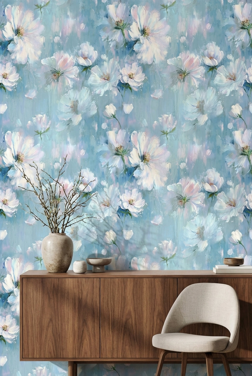 Sky Blue and White Soft Blossom Floral Wallpaper