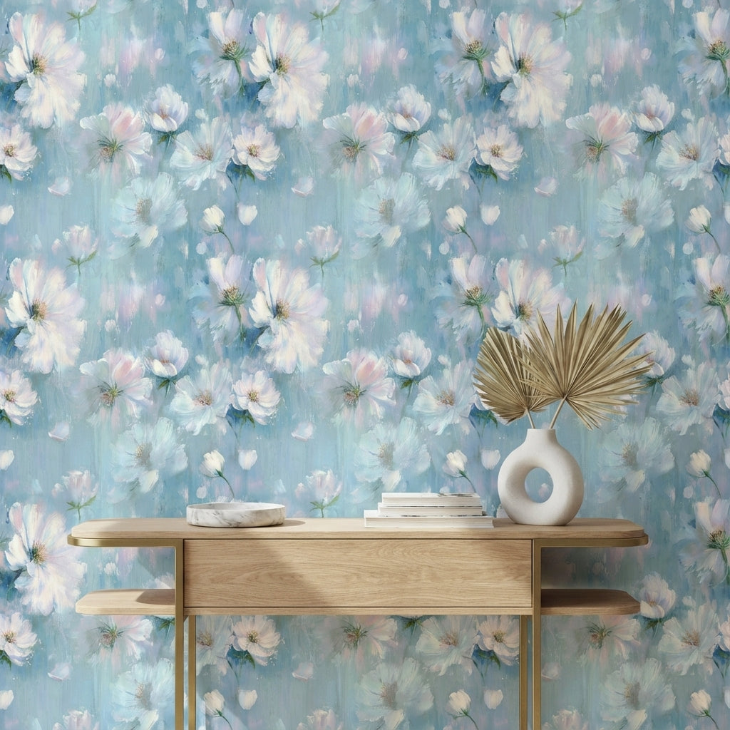 Sky Blue and White Soft Blossom Floral Wallpaper