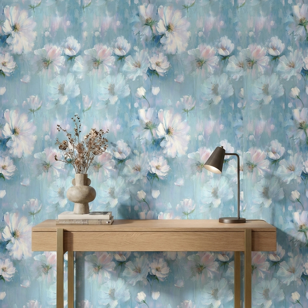 Sky Blue and White Soft Blossom Floral Wallpaper
