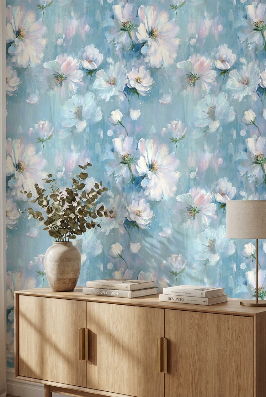 Sky Blue and White Soft Blossom Floral Wallpaper