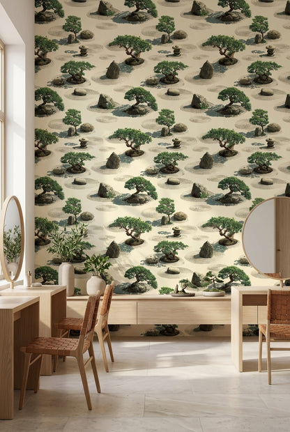 Tranquil Beige and Green Zen Garden Wallpaper