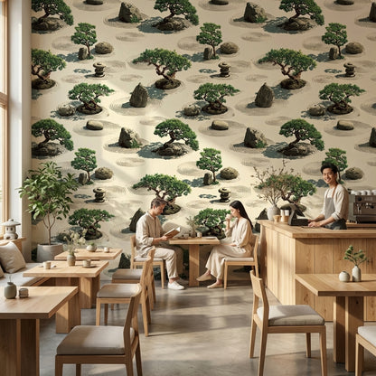 Tranquil Beige and Green Zen Garden Wallpaper