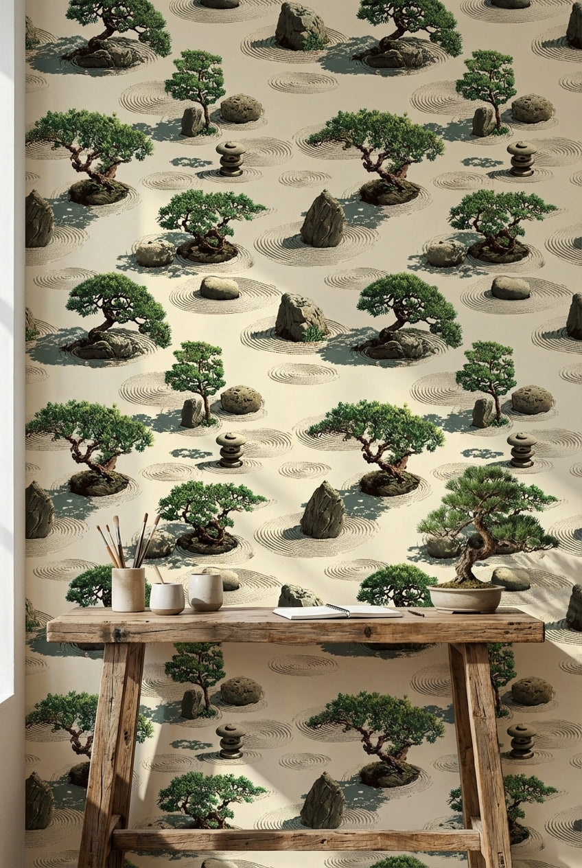 Tranquil Beige and Green Zen Garden Wallpaper