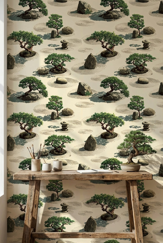 Tranquil Beige and Green Zen Garden Wallpaper