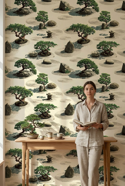 Tranquil Beige and Green Zen Garden Wallpaper