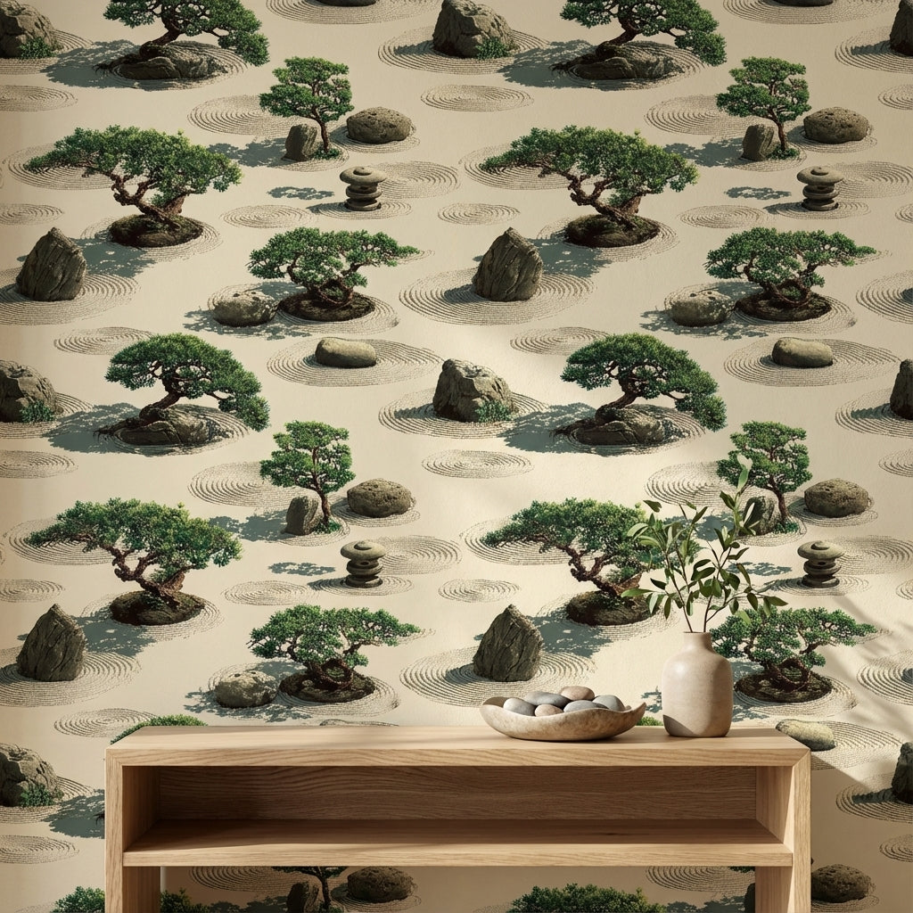 Tranquil Beige and Green Zen Garden Wallpaper