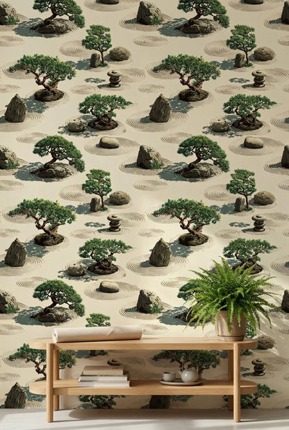 Tranquil Beige and Green Zen Garden Wallpaper