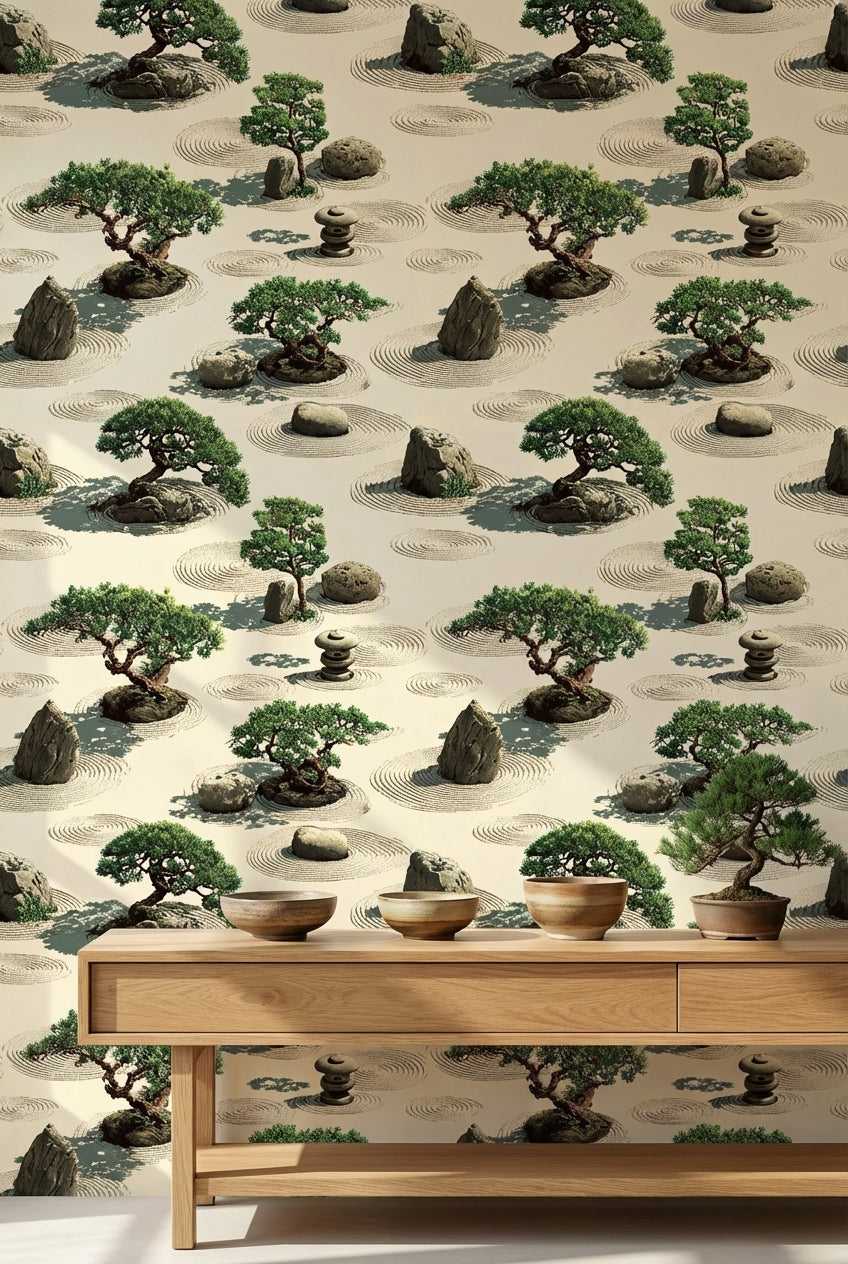 Tranquil Beige and Green Zen Garden Wallpaper