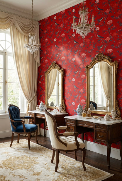 Bold Red Peony and Bird Chinoiserie Wallpaper