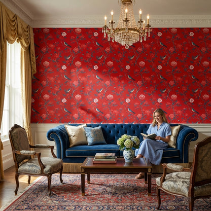 Bold Red Peony and Bird Chinoiserie Wallpaper