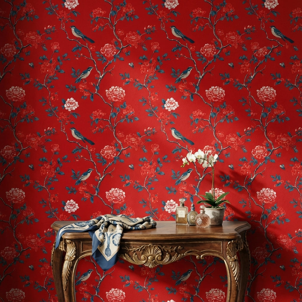 Bold Red Peony and Bird Chinoiserie Wallpaper