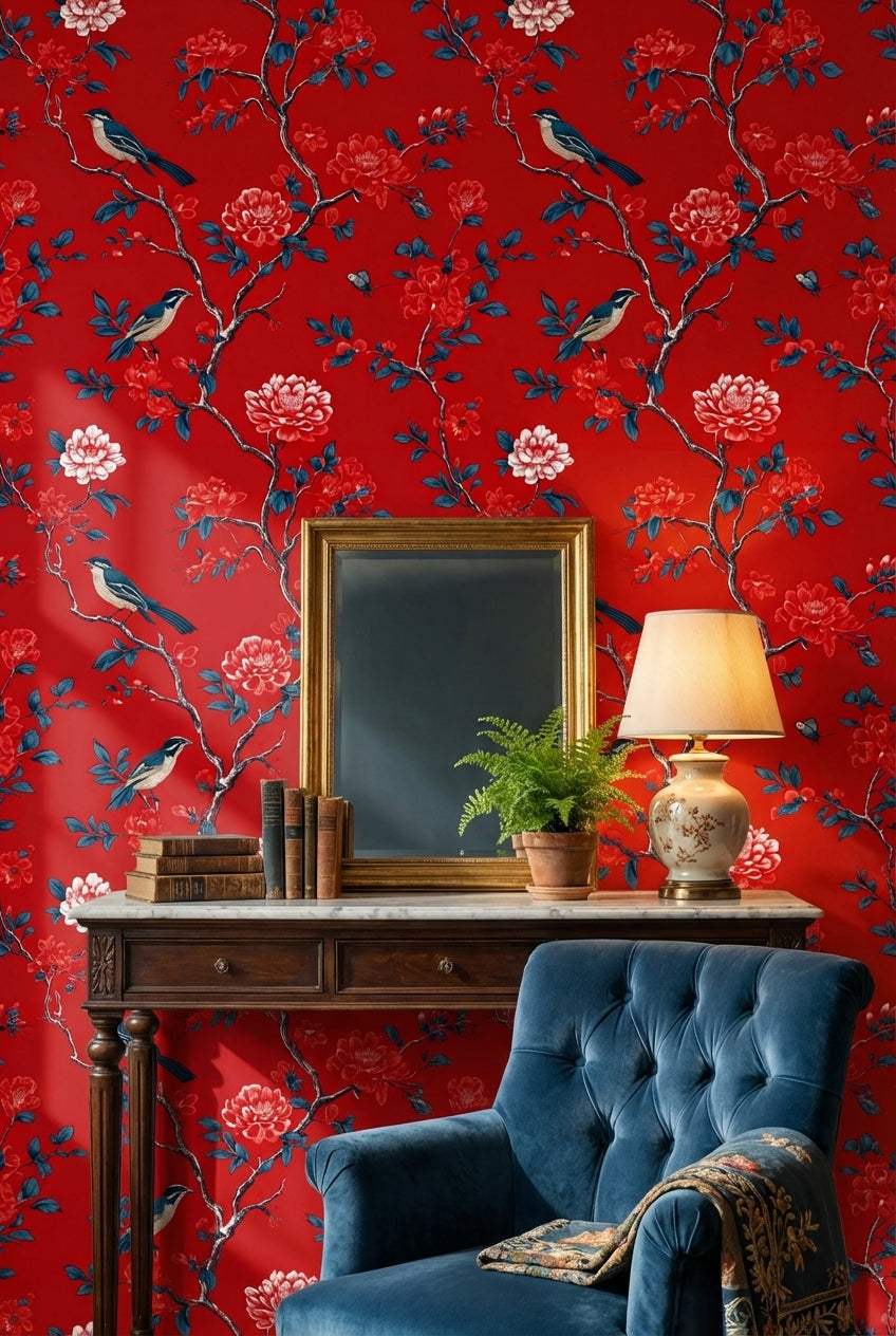 Bold Red Peony and Bird Chinoiserie Wallpaper